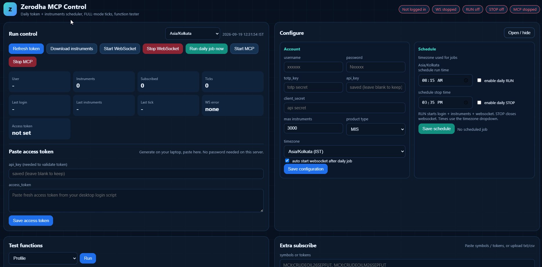 Zerodha MCP control panel